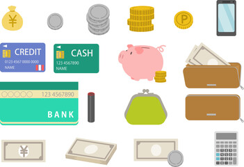 家計管理・お金関連のイラストセット（お金、貯金・クレジット・通帳）