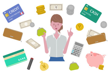 家計管理・お金関連のイラストセット（主婦・お金・貯金・クレジット・通帳）