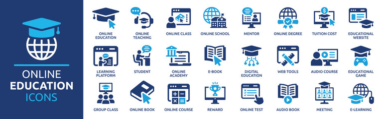 Online education icon set. Containing video tuition, e-learning, online course, audio course, educational website and digital education icons. Solid icon collection. - obrazy, fototapety, plakaty