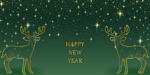 Merry Christmas and Happy New Year. Christmas card template with golden deers, snowflakes and stars on a green background. Vector illustration.