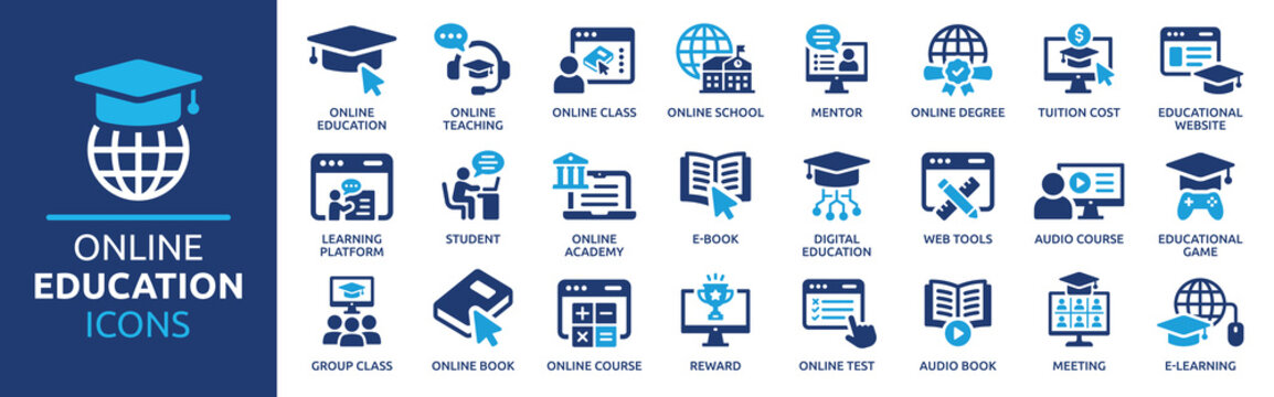 Online education icon set. Containing video tuition, e-learning, online course, audio course, educational website and digital education icons. Solid icon collection.
