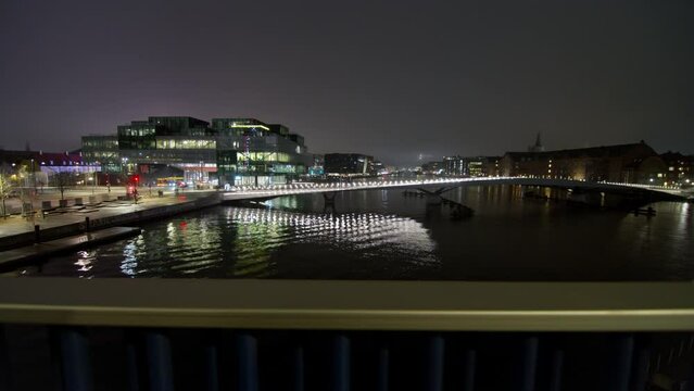 Illuminated bridge and canal, Copenhagen