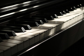 Sunlight on Piano, keyboard close up instrument playing music, practing and celebrate. Hope