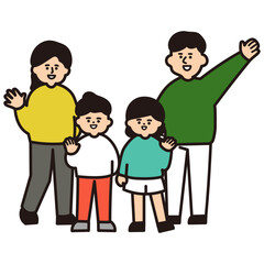 カラフルな手を振っている四人家族