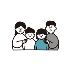 シンプルカラーの寄り添う四人家族　上半身