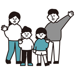 Fototapeta na wymiar シンプルカラーの手を振っている四人家族