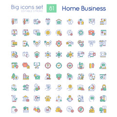 Home business RGB color big icons set. Small manufacturing. Working remotely. Isolated vector illustrations. Simple filled line drawings collection. Editable stroke. Quicksand-Light font used