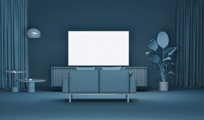 Sofa in front of the TV in the blue living room. The concept of viewing movies and TV shows online with the whole family. 3d rendering.
