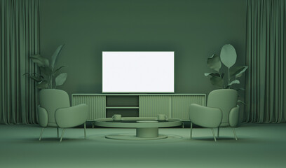 Two armchairs in front of the TV in the green living room. The concept of viewing movies and TV shows online with the whole family. 3d rendering.

