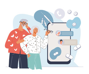 Elderly people online medical support and advice. Online medical consultations remotely for the elderly, flat vector illustration isolated on white background. Medicine and pharmacy.