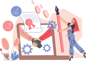 Online business deal and negotiation success banner design. Online contract signing and electronic signature business concept for website and networks.