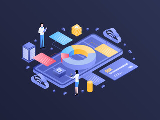 Accounting Management Isometric Dark Gradient Illustration. Suitable for Mobile App, Website, Banner, Diagrams, Infographics, and Other Graphic Assets.