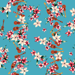 Hand drawn tropical flowers and ukulele pattern,