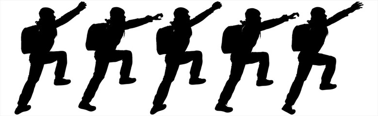 A boy with a backpack behind his back in sportswear. The teenager stretches his hand up and rests his foot in order to rise up. Hiking. Side view, profile. Five black silhouettes isolated on white