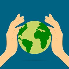 icon, sticker, button on the theme of saving earth with hands holding earth, planet on blue background