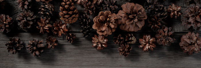 Christmas Pine Cone on Wooden Rustic Background. Christmas Eve and New Year Thematic Mockup Wallpaper for Clipart.