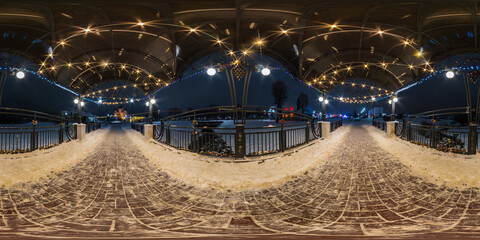 full spherical night 360 panorama in festively lit on bridge with arch and transparent dome in...