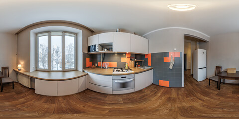 full seamless spherical hdri 360 panorama view in interior of small kitchen in modern flat...