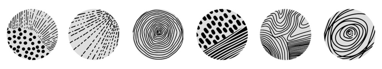 Social media Icons templates. Collection of round Abstract black Backgrounds. Hand drawn doodle shapes. Contemporary modern trendy Vector illustration