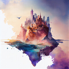 Watercolor fantasy fairytale castle