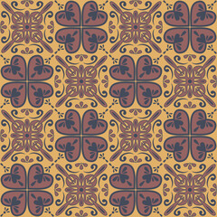 Decorative square shaped ceramic tiles, trendy beige brown brick dark color and ornate arabic pattern, vintage vector illustration