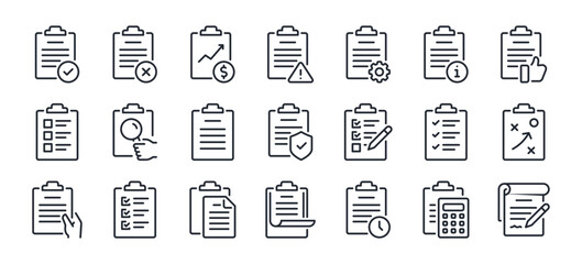Clipboard, checklist, report, survey or agreement editable stroke outline icons set isolated on white background flat vector illustration. Pixel perfect. 64 x 64. - obrazy, fototapety, plakaty