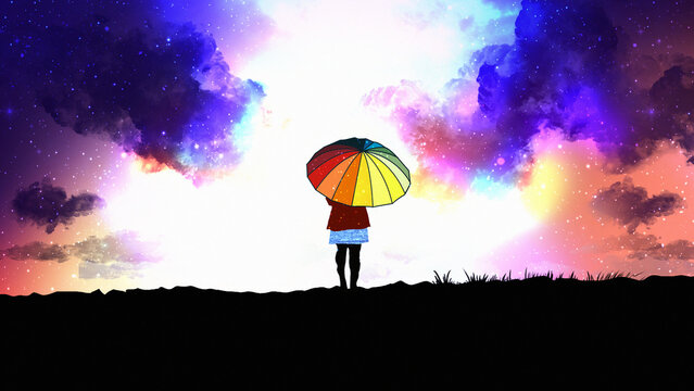 anime girl stand alone with umbrella digital art