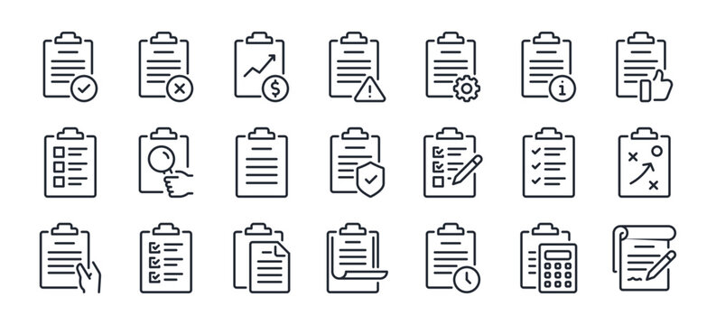 Clipboard, checklist, report, survey or agreement editable stroke outline icons set isolated on white background flat vector illustration. Pixel perfect. 64 x 64.