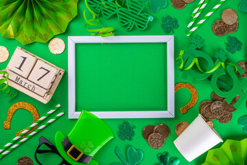 Happy Patrick's Day greeting card party invitation. Accessories for St Patrick holiday leprechaun...