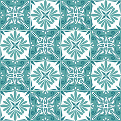 Ceramic tile mosaic in Arabic Moroccan style, vector illustration. Green emerald contrast color ornate seamless pattern