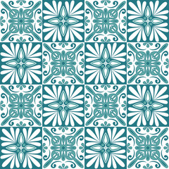 Ceramic tile mosaic in Arabic Moroccan style, vector illustration. Green color ornate seamless pattern