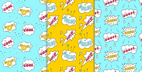 Set of seamless pattern with Super and Sale Bubble speech