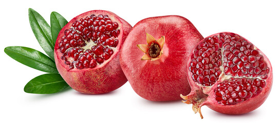 Pomegranate Clipping Path. Ripe whole pomegranate with green leaf and half isolated on white background. Pomegranate macro studio photo