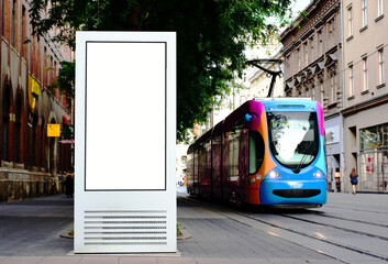 Tram stop with lightbox ad panel. poster and advertising billboard sign. mock-up background....