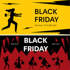 Set of Black friday sale banner with hurry shopper silhouette
