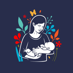 Naklejka premium Happy mother hugging her child on a festive background with flowers.