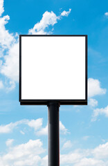 Outdoor pole billboard with mock up white screen on blue sky background with clipping path