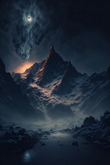 Fototapeta na wymiar Night mountain landscape with stars and moon shining through the clouds. AI