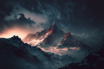 Naklejka na ściany i meble Night mountain landscape with stars and moon shining through the clouds. AI