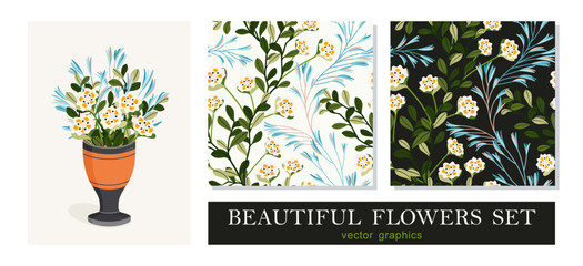 Colorful rich bouquet of flowers in a vase. Simple trendy graphics. Floral decoration set of bouquet and seamless patterns. Vector graphics