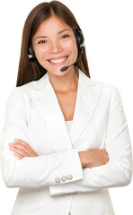 Beautiful cheerful young Asian call operator, receptionist or personal assistant wearing a headset and microphone standing with her arms folded isolated cutout PNG on transparent background. - 553129023