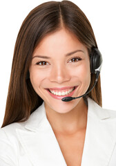 Close up shot of smiling call center operator isolated cutout PNG on transparent background.