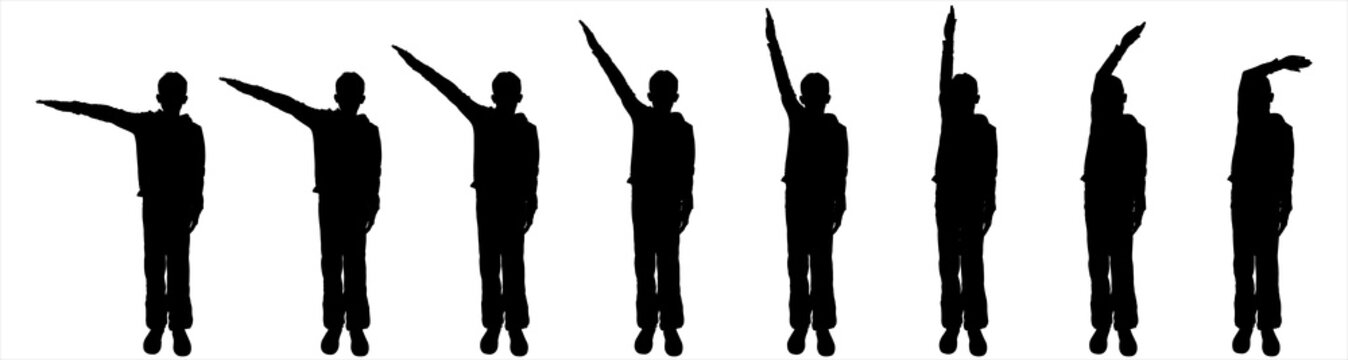 A boy with his hand raised, the other hand remains motionless. Character for motion animation. Childish, teenage boy silhouette in black color isolated on white background. Flat design. Front view.	

