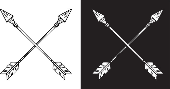 Illustration of crossed ancient arrows. Design element for poster, card, banner, emblem, sign. Vector illustration