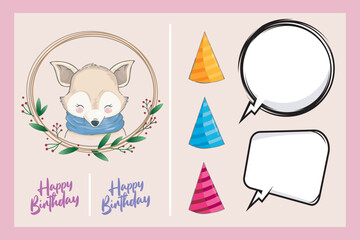 Set of cartoon animals. Cute Happy fox for Birthday Card