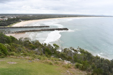 Evans River meets the Pacific sea seen from Razorback Lookout of Evans head, NSW, Australia