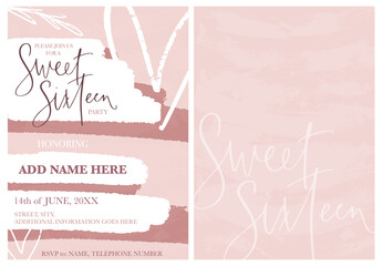 Sweet sixteen party modern invitation template with paint texture in blush pink and white colors. 16th Birthday modern calligraphy vector design with brush strokes, botanical, heart clipart elements.