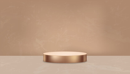 Display 3D Rose Gold Podium on Beige Marble wall room Background,Vector luxury studio scene with Cylinder stand,Minimal mockup for Beauty,Cosmetic,Spa product presentation