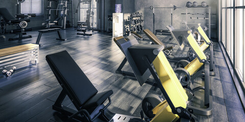 Body Building Center With Exercise Machines - panoramic 3D Visualization