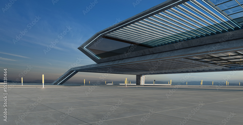 Poster perspective view of empty floor and modern rooftop building